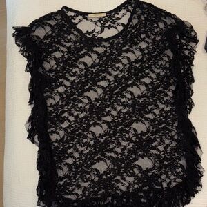 Sheer Black Lace Ruffle Sleeve Blouse